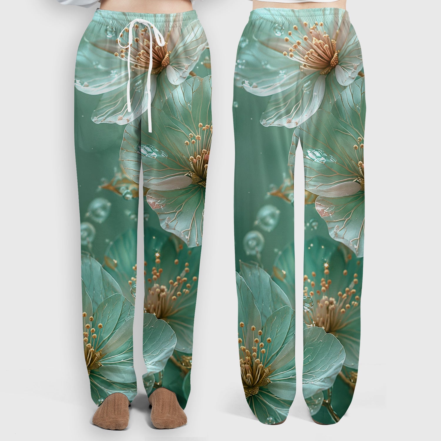 Elegant Mint Blossom Dewdrop Pattern Scrub Set, Scrub Pants and V Neck Top