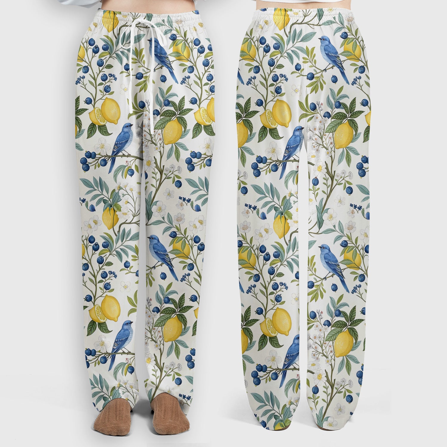 Cute Bluebird Lemon Berry Pattern Scrub Set, Scrub Pants and V Neck Top