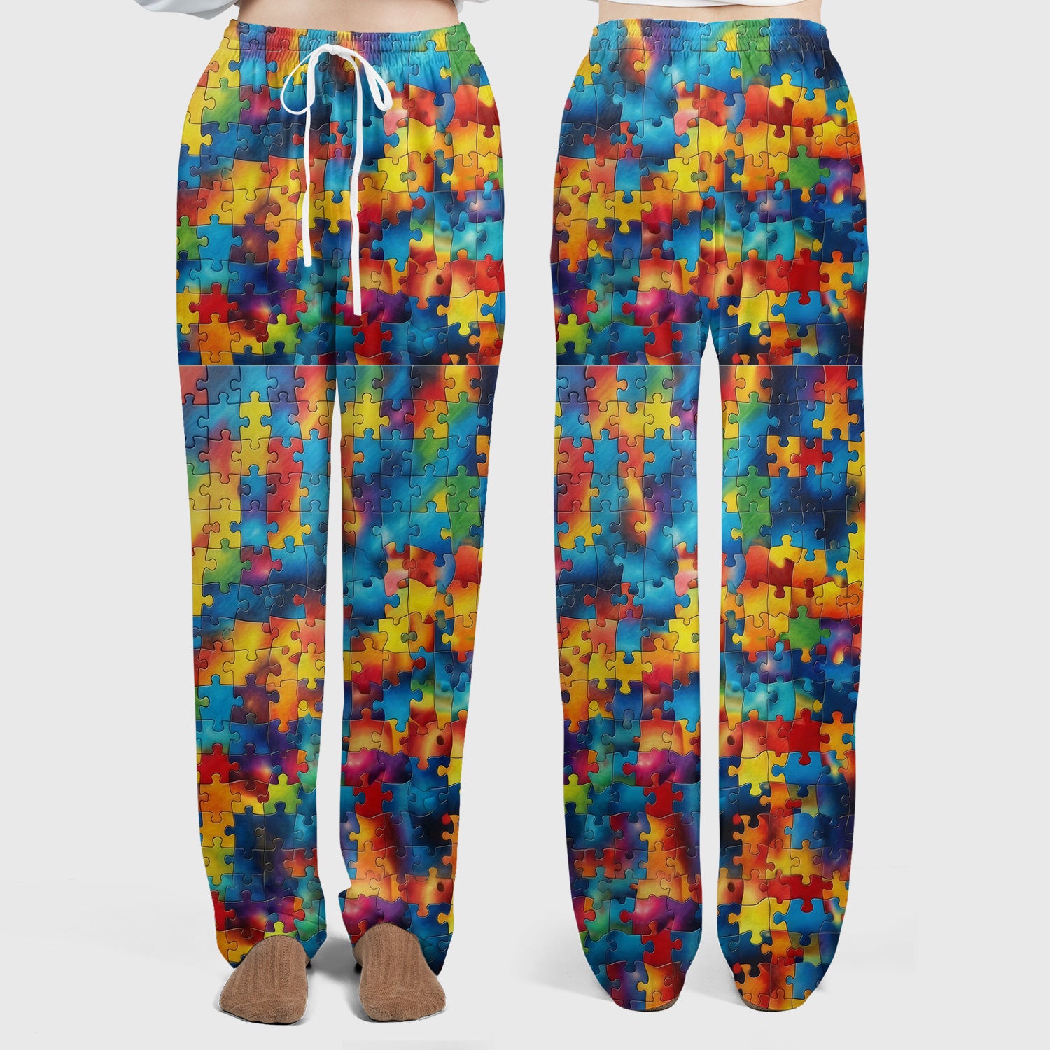 Bright Rainbow Puzzle Piece Art Scrub Set, Scrub Pants and V Neck Top