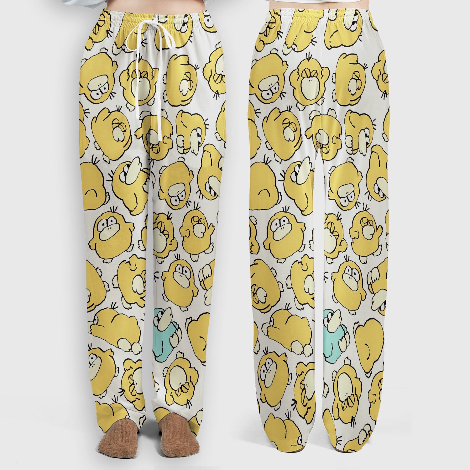 Funny Yellow Cartoon Duck Pattern Scrub Set, Scrub Pants and V Neck Top