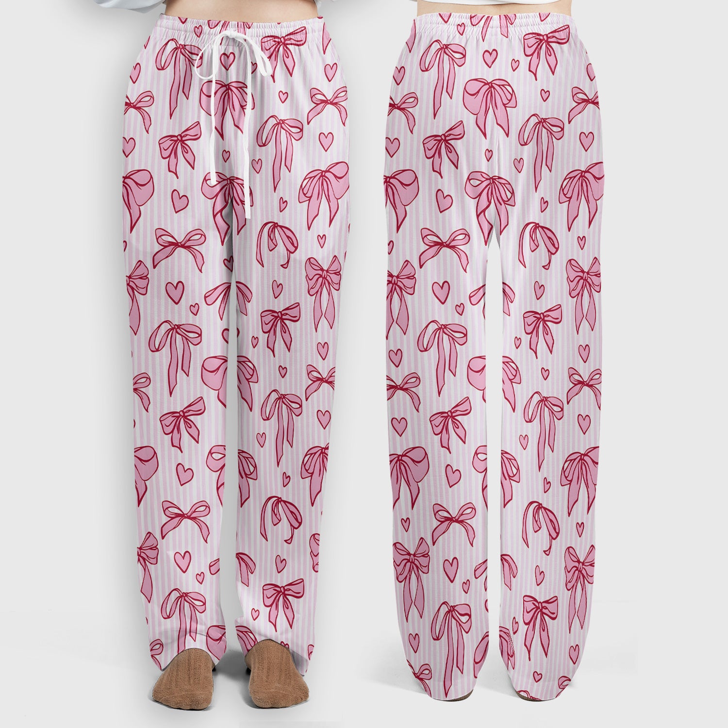Pink Bow Heart Stripe Pattern Scrub Set, Scrub Pants and V Neck Top
