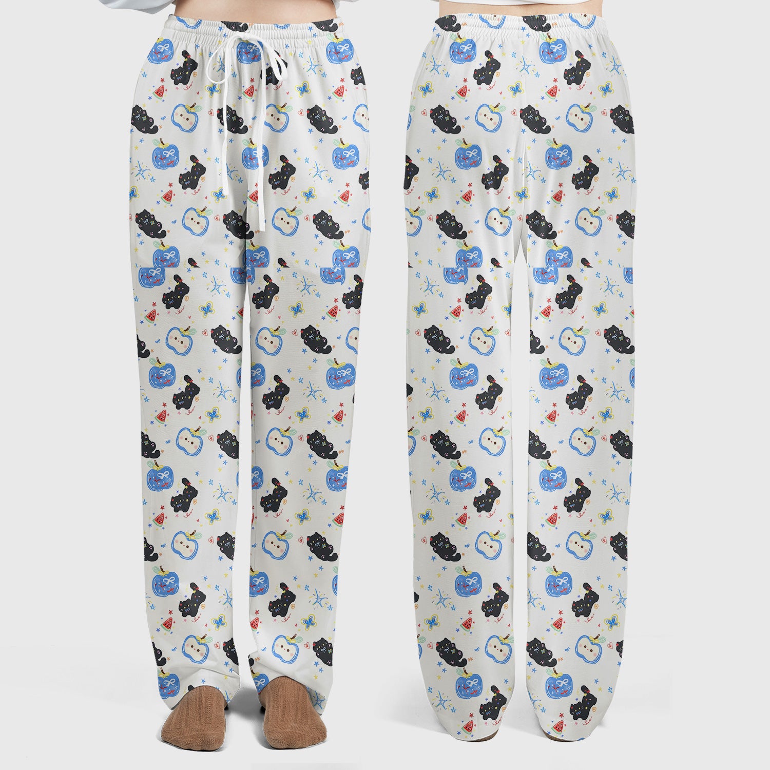 Playful Black Cat Apple Pattern Medical Scrub Top for Medical Staff