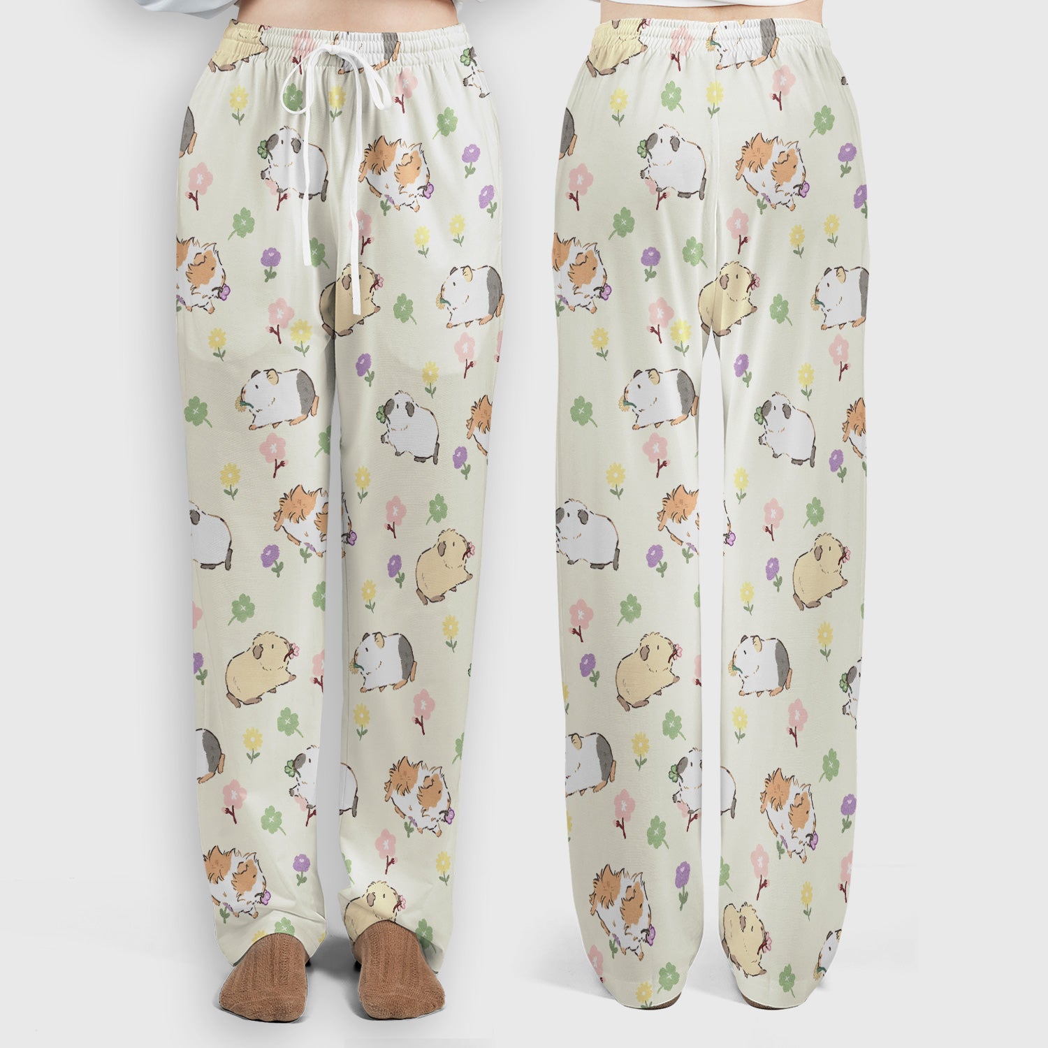 Cozy Guinea Pig Floral Doodle Pattern Scrub Set, Women's Scrub Sets