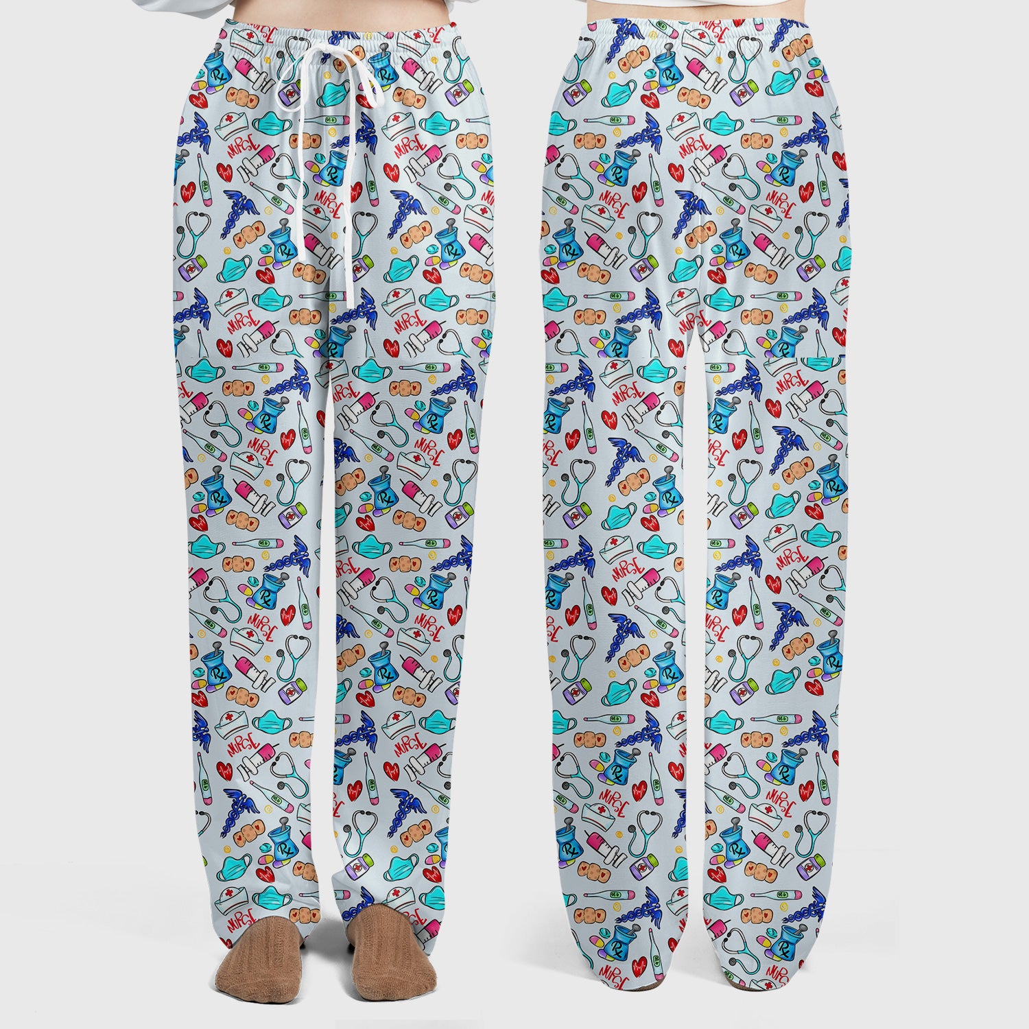 Nurse Medical Icons Stethoscope Heart Pattern Scrub Set, Scrub Pants and V Neck Top