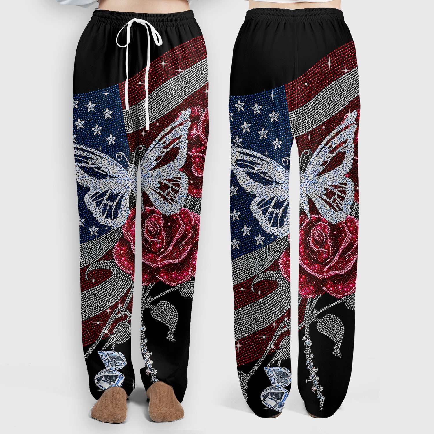 Patriotic Butterfly Rose Flag Print Scrub Set, Scrub Pants and V Neck Top