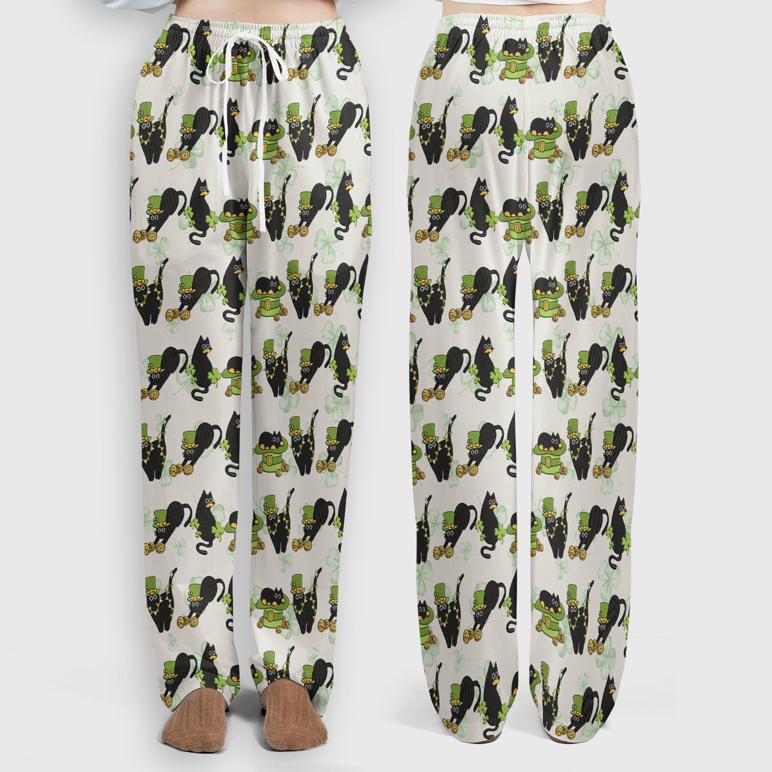 St. Patrick Black Cat Clover Print Women's Scrub Set, Breathable Med Uniform
