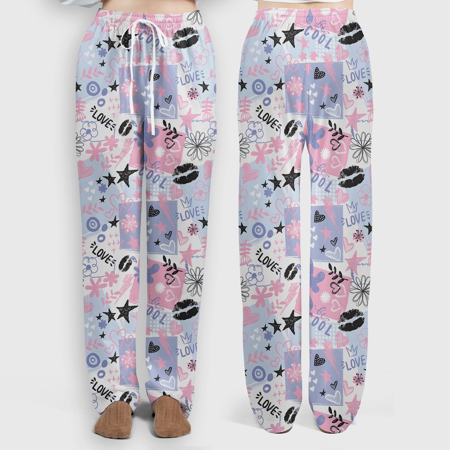 Cute Love Hearts Doodle Print Scrub Set, Scrub Pants and V Neck Top