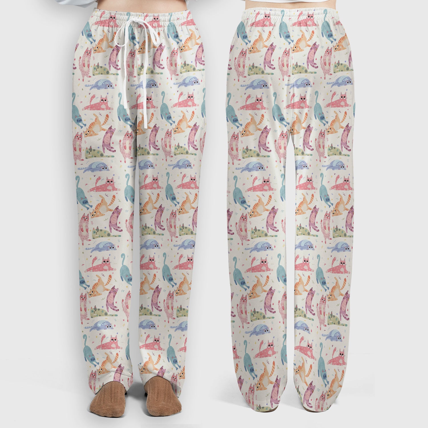 Funny Pastel Cat Pattern Medical Scrub Set, Breathable Fabrics Nursing Uniform