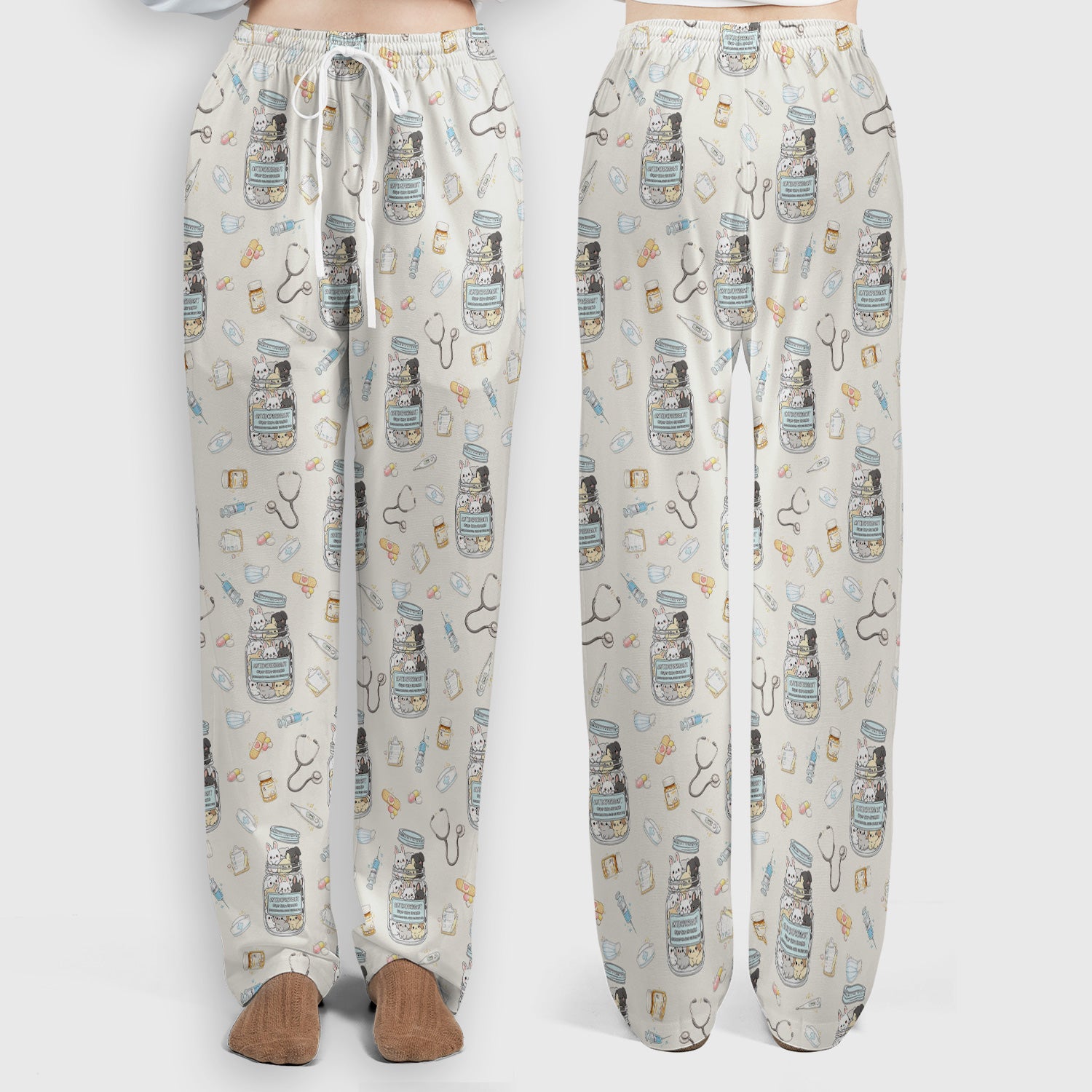 Whimsical Antidepressant Rabbit Jar Design Scrub Set, Scrub Pants and V-Neck Top