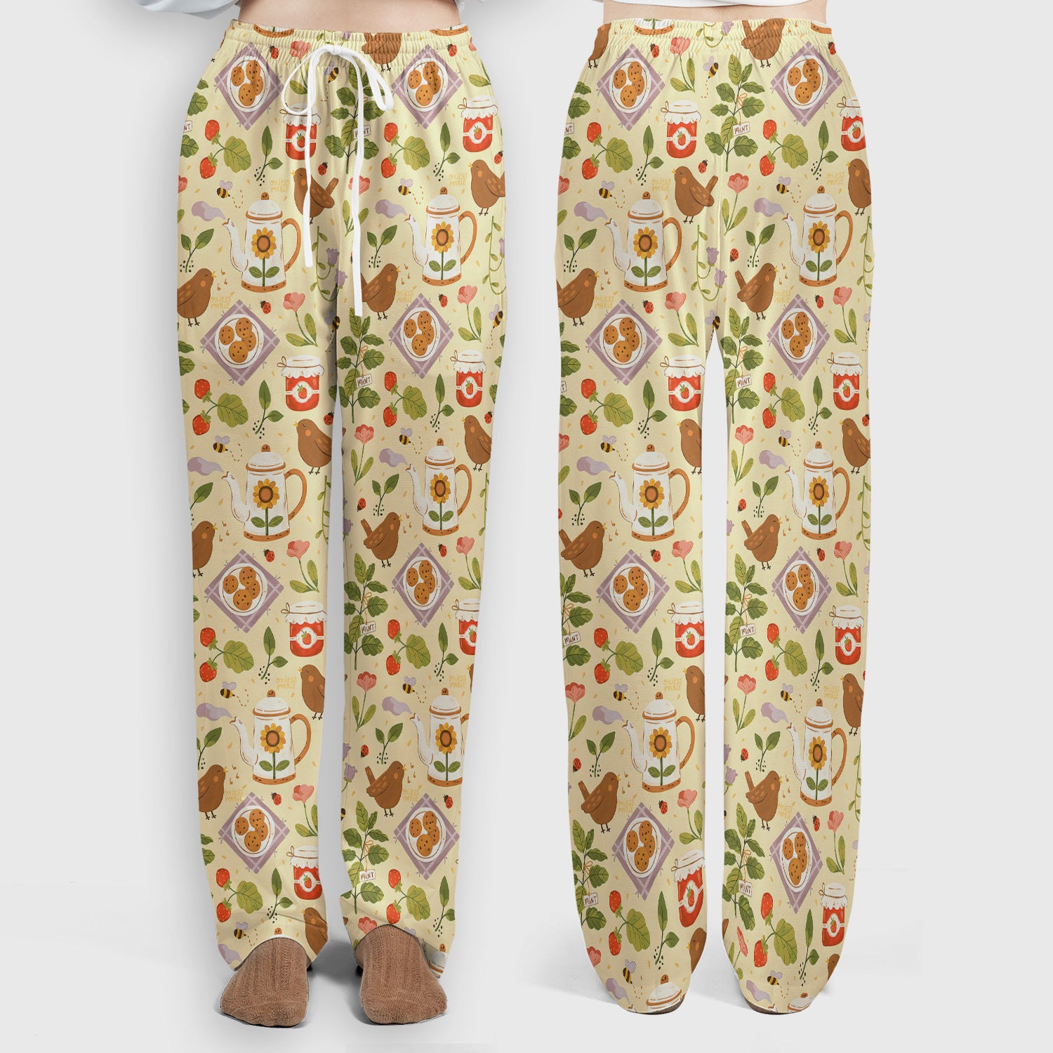 Cute Garden Tea Bird Strawberry Pattern Scrub Set, Scrub Pants and V Neck Top