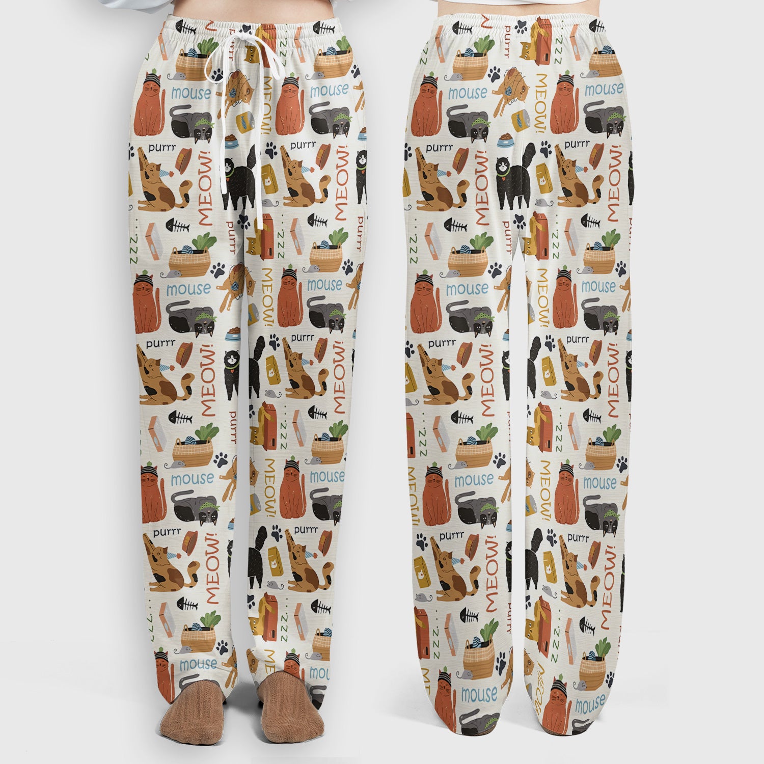 Meow Purr Cat Life Print Scrub Set, Women's Scrub Sets