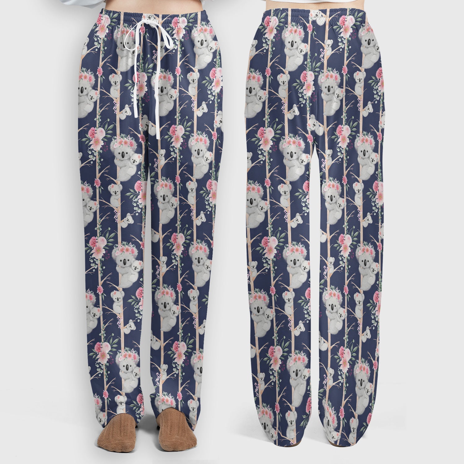 Cute Koala Climbing Tree Blossom Pattern Nurse Scrub Set, Scrub Pants and V Neck Top