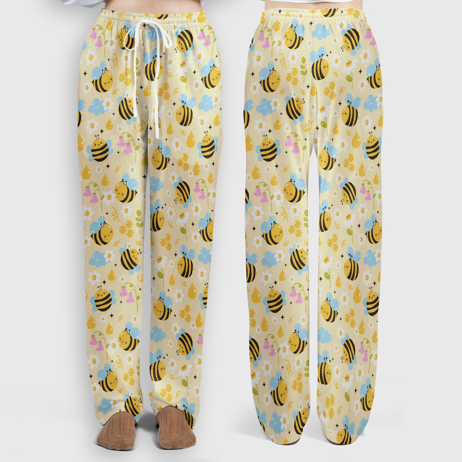Honey Bee Flower Cloud Pattern Scrub Set, Scrub Pants and V Neck Top