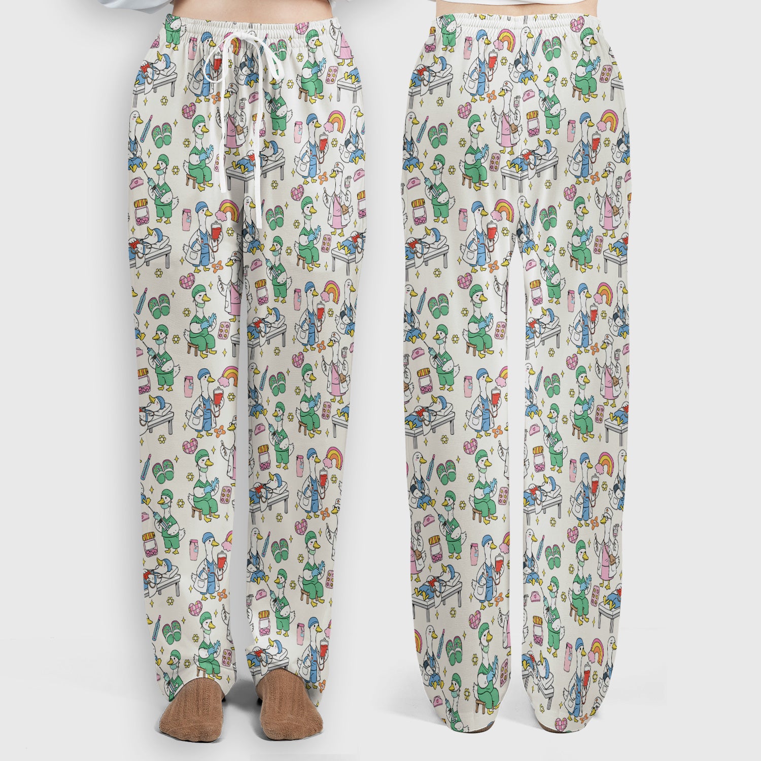 Funny Nurse Duck Medical Doodle Pattern Scrub Set, Scrub Pants and V Neck Top
