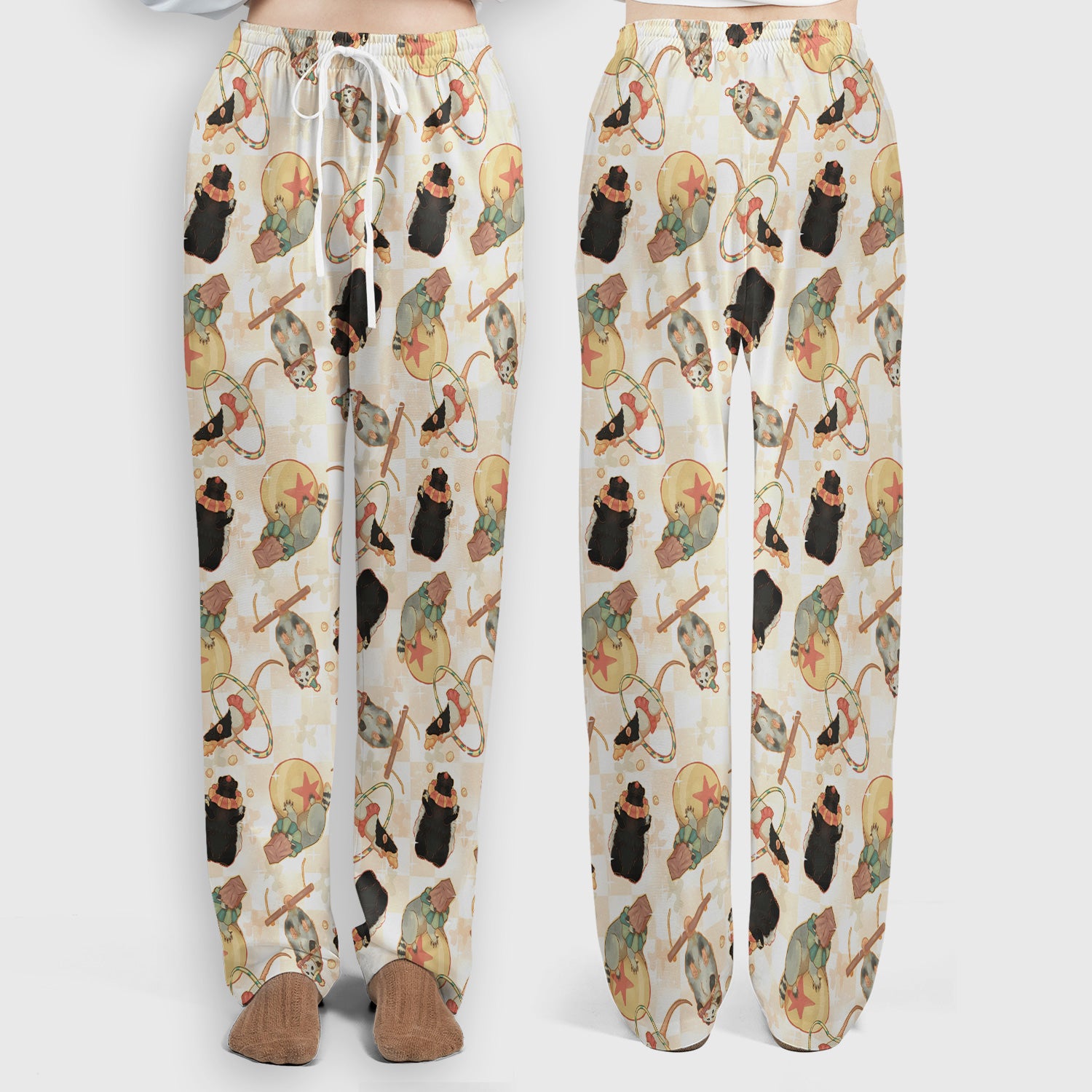 Cute Circus Animal Mouse Acrobat Pattern Scrub Set, Scrub Pants and V Neck Top