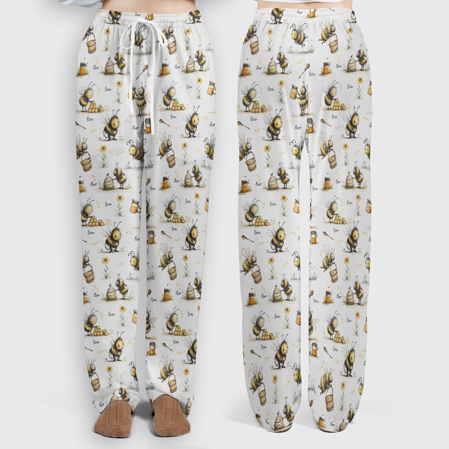 Cute Honey Bee Jar Garden Pattern Scrub Set, Scrub Pants and V Neck Top