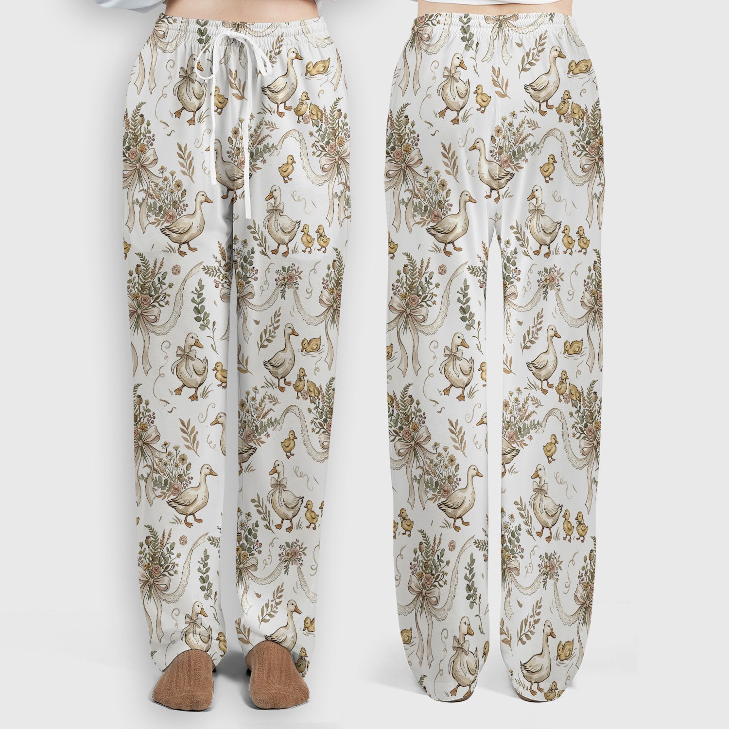 Vintage Duck Family Ribbon Floral Pattern Nurse Scrub Set, Scrub Pants and V Neck Top