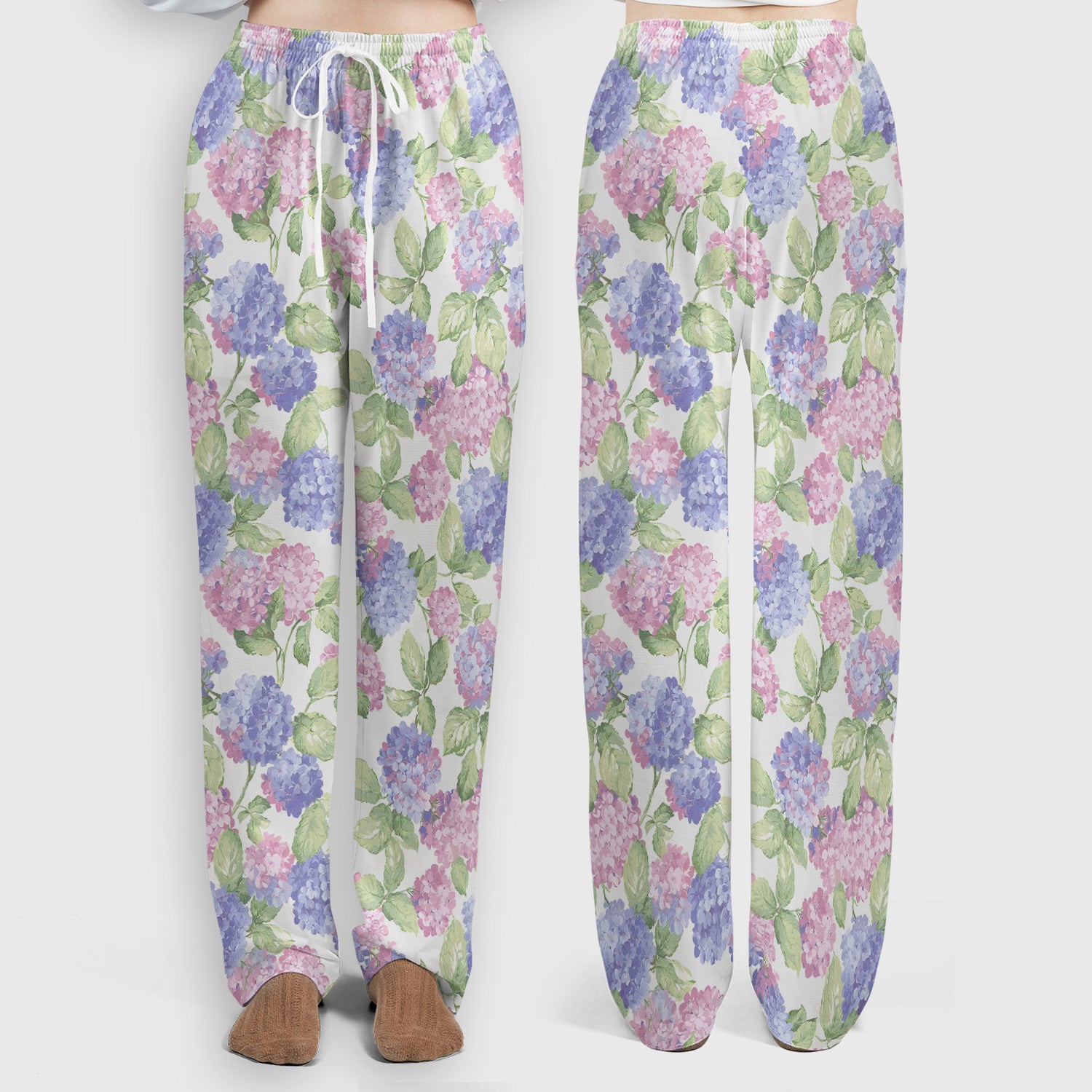 Soft Pastel Watercolor Hydrangea Floral Pattern Scrub Set, Scrub Pants and V Neck Top