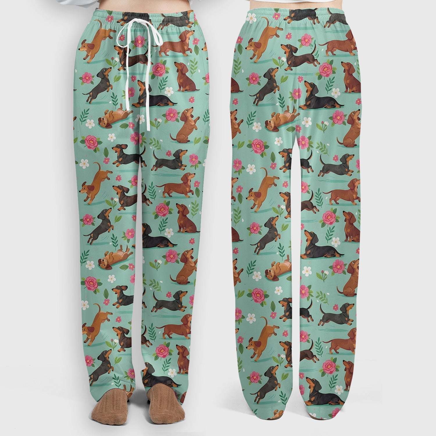 Cute Floral Dachshund Puppy Pattern Scrub Set, Scrub Pants and V Neck Top
