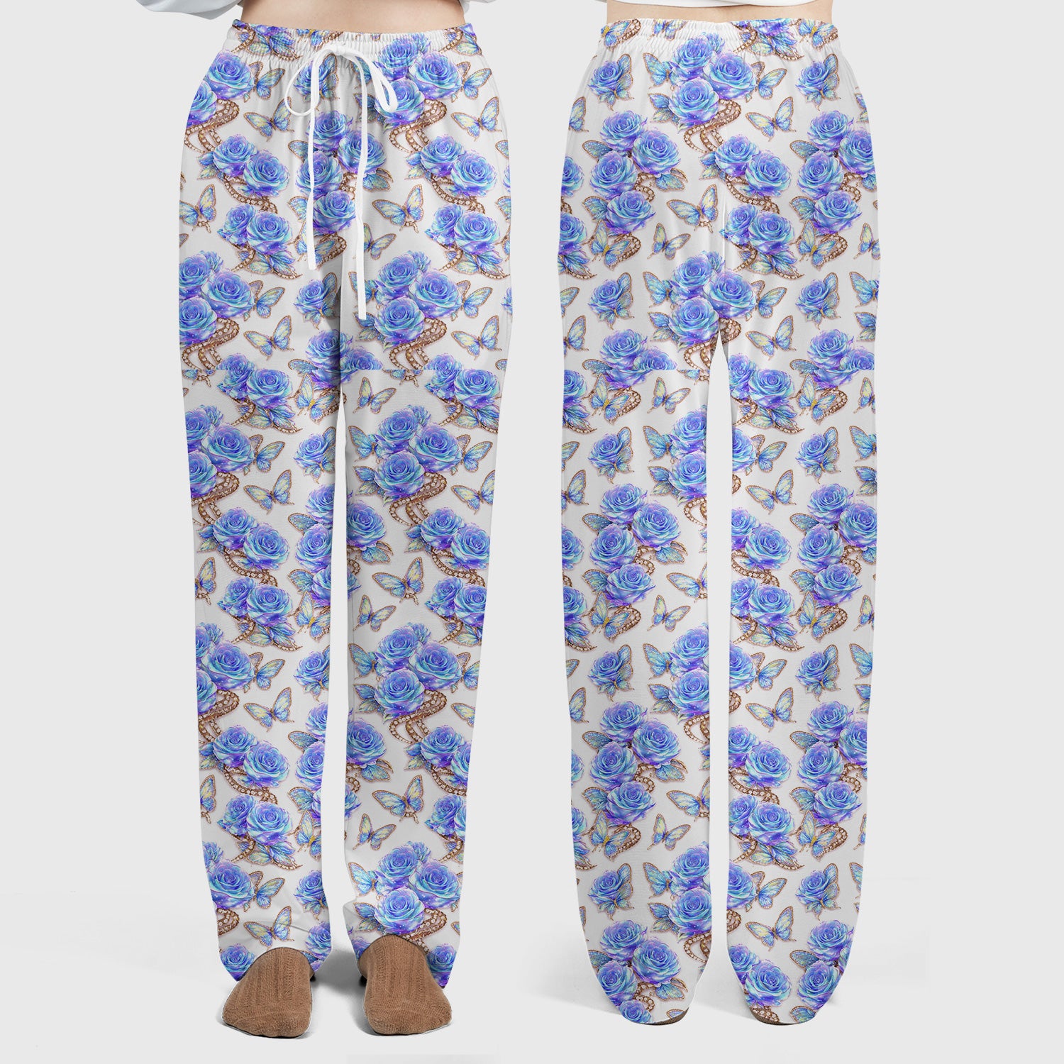 Elegant Blue Rose Floral Print Scrub Set, Scrub Pants and V Neck Top