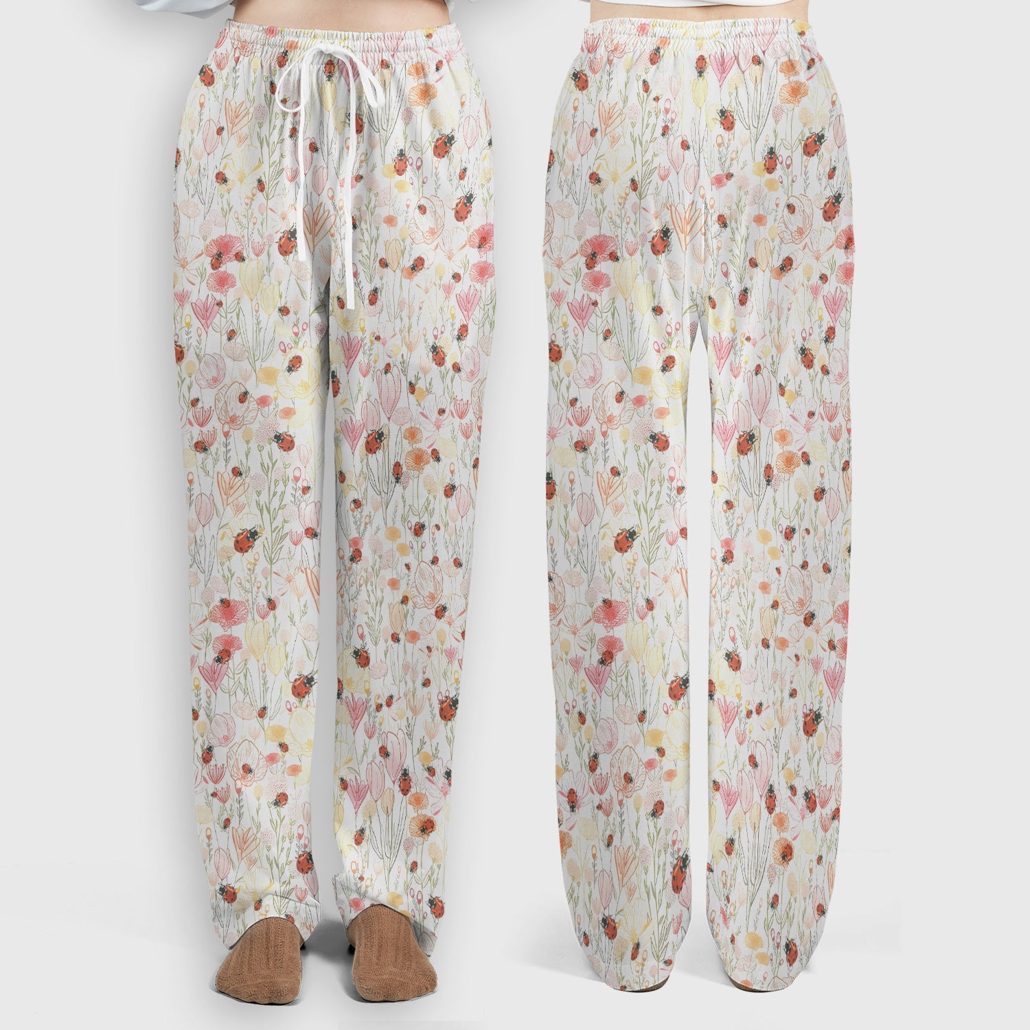 Cute Nurse Wildflower Ladybug Garden Pattern Scrub Set, Scrub Pants and V Neck Top