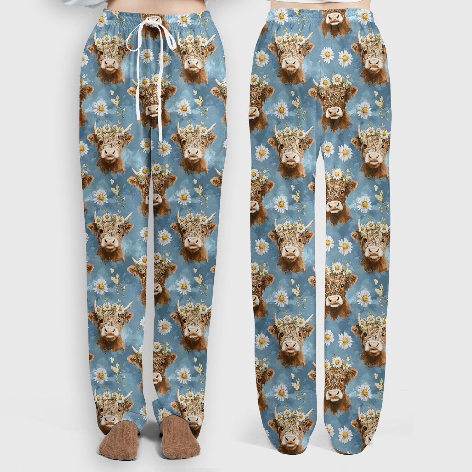 Highland Cow Daisy Flower Pattern Scrub Set, Scrub Pants and V Neck Top