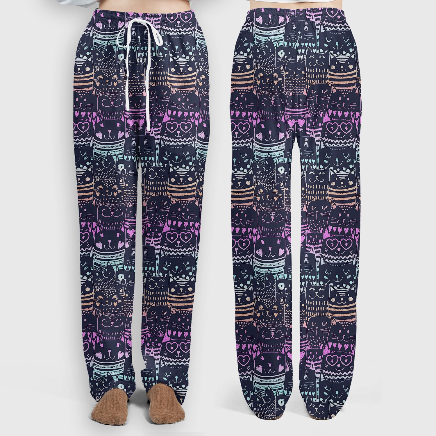 Cute Neon Cat Faces Pattern Scrub Set, Scrub Pants and V Neck Top