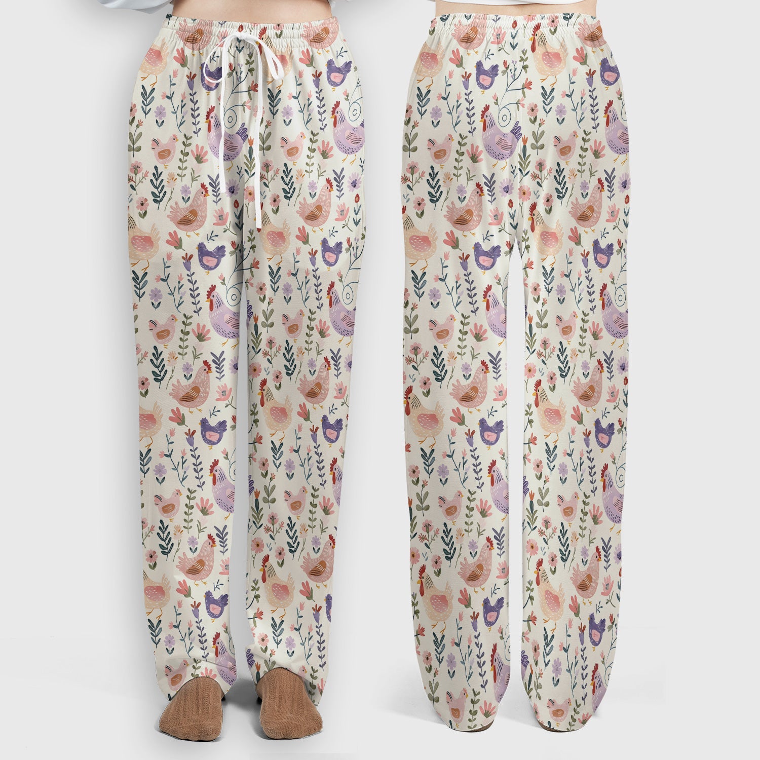 Cute Farm Chicken Floral Garden Pattern Scrub Set, Scrub Pants and V Neck Top