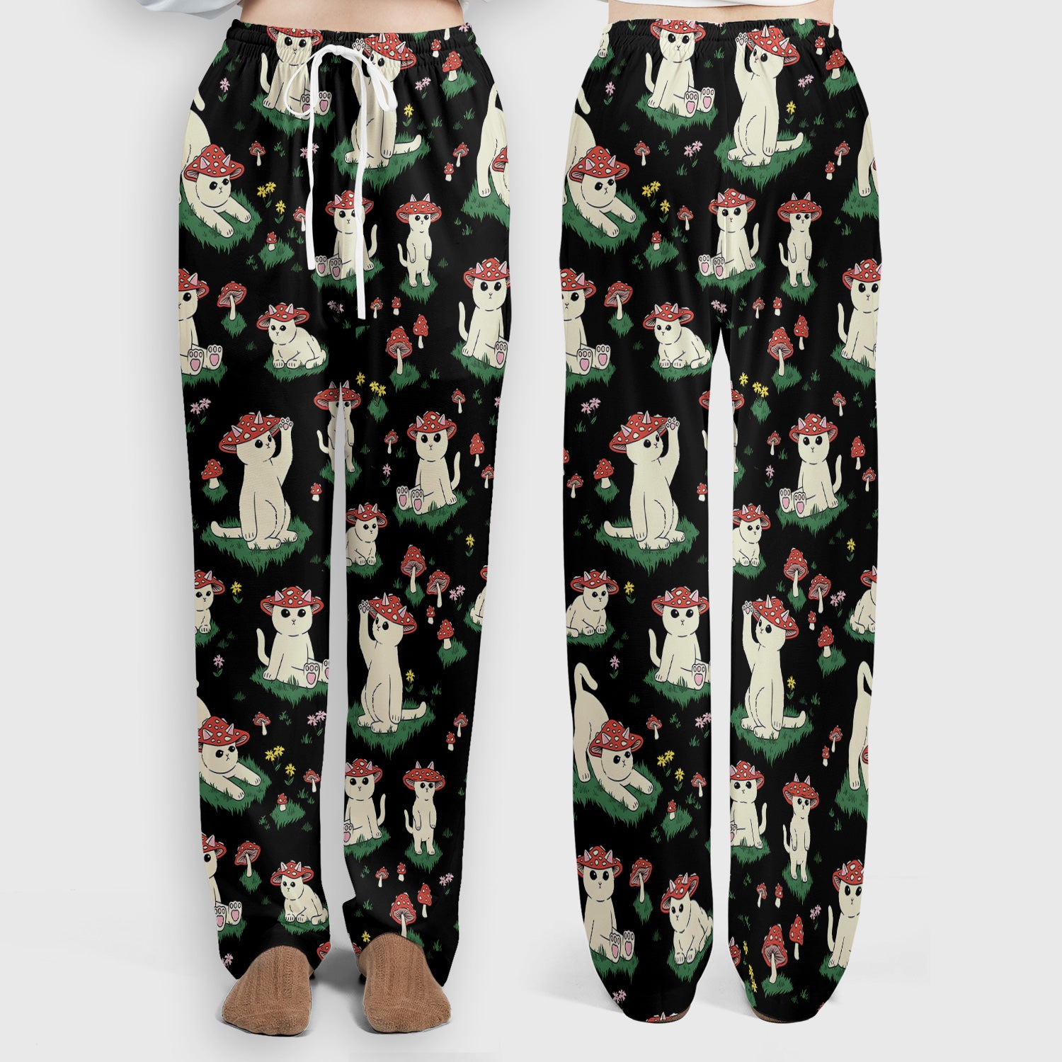 Cute Mushroom Cat Pattern Scrub Set, Scrub Pants and V Neck Top