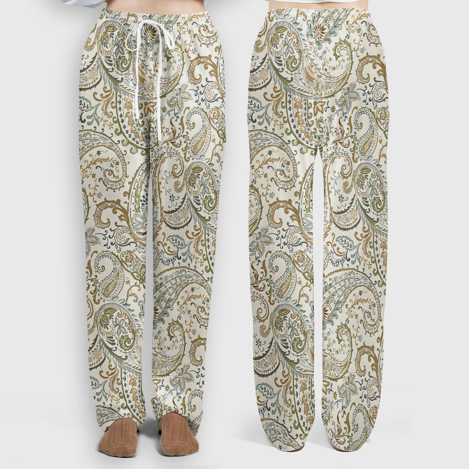Elegant Sage Green Vintage Paisley Floral Vine Pattern Scrub Set, Scrub Pants and V Neck Top