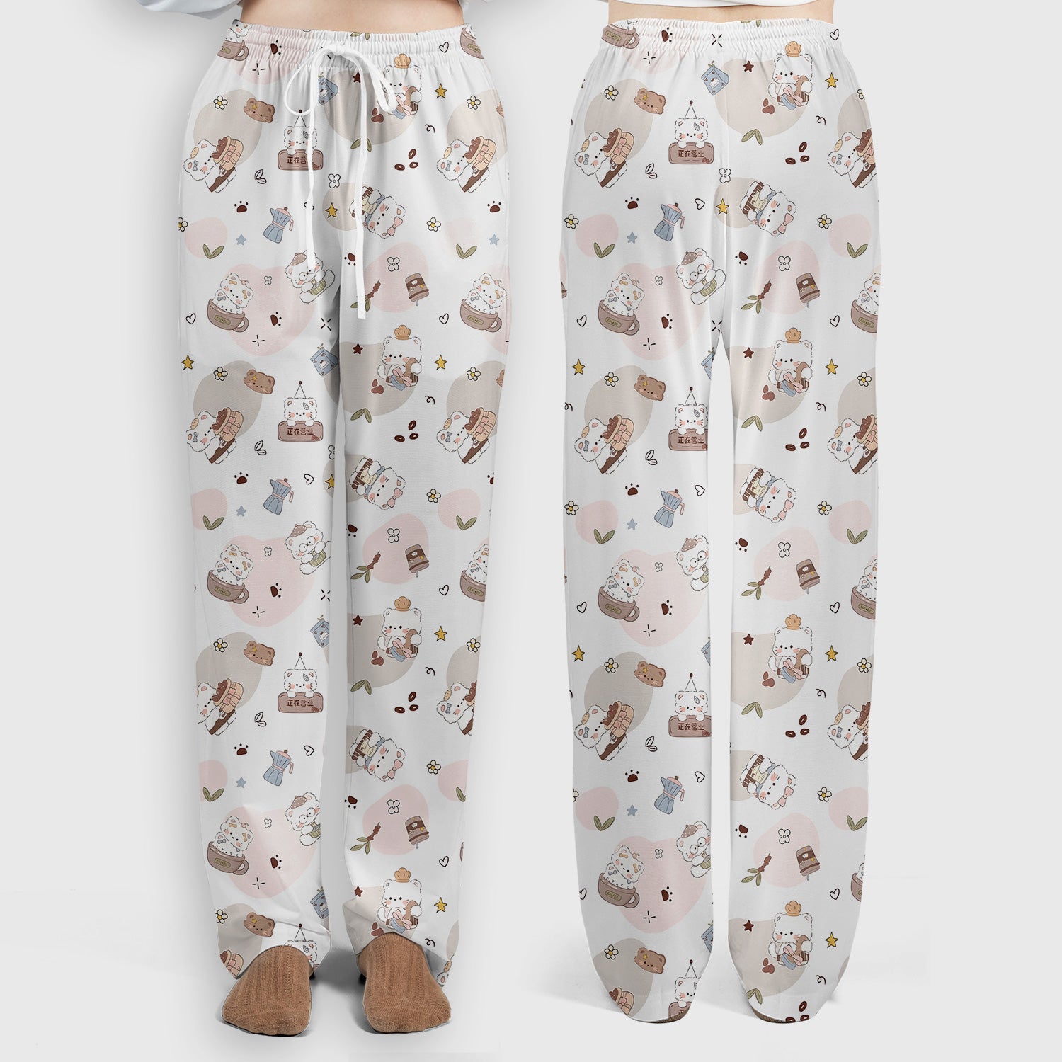 Cute Cat With Coffee Paw Heart Pattern Scrub Set, Scrub Pants and V Neck Top