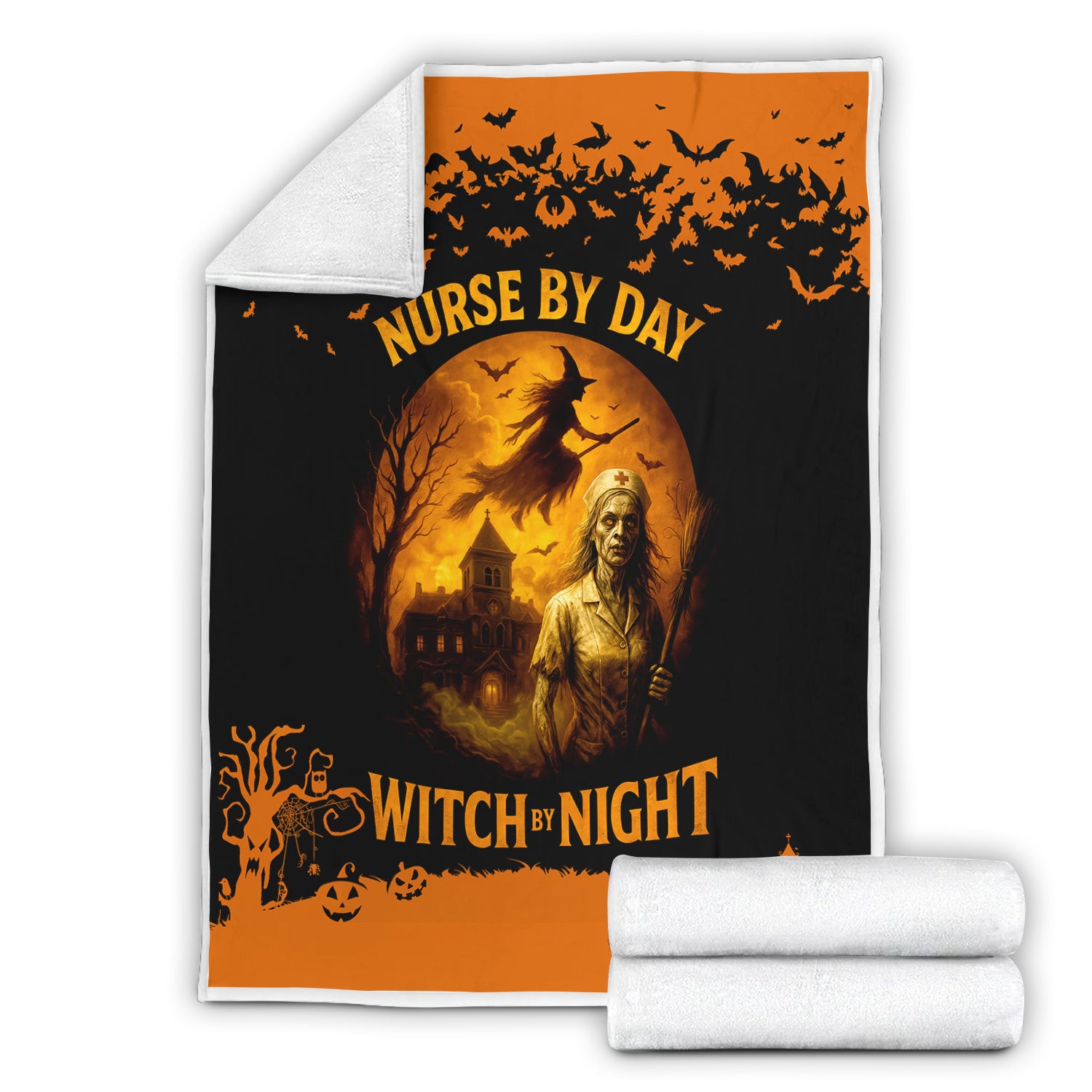 Personalized Funny Halloween Nurse Blanket - Nurse By Day Witch By Night Spooky Design - Gift for RN LPN CNA Healthcare Workers