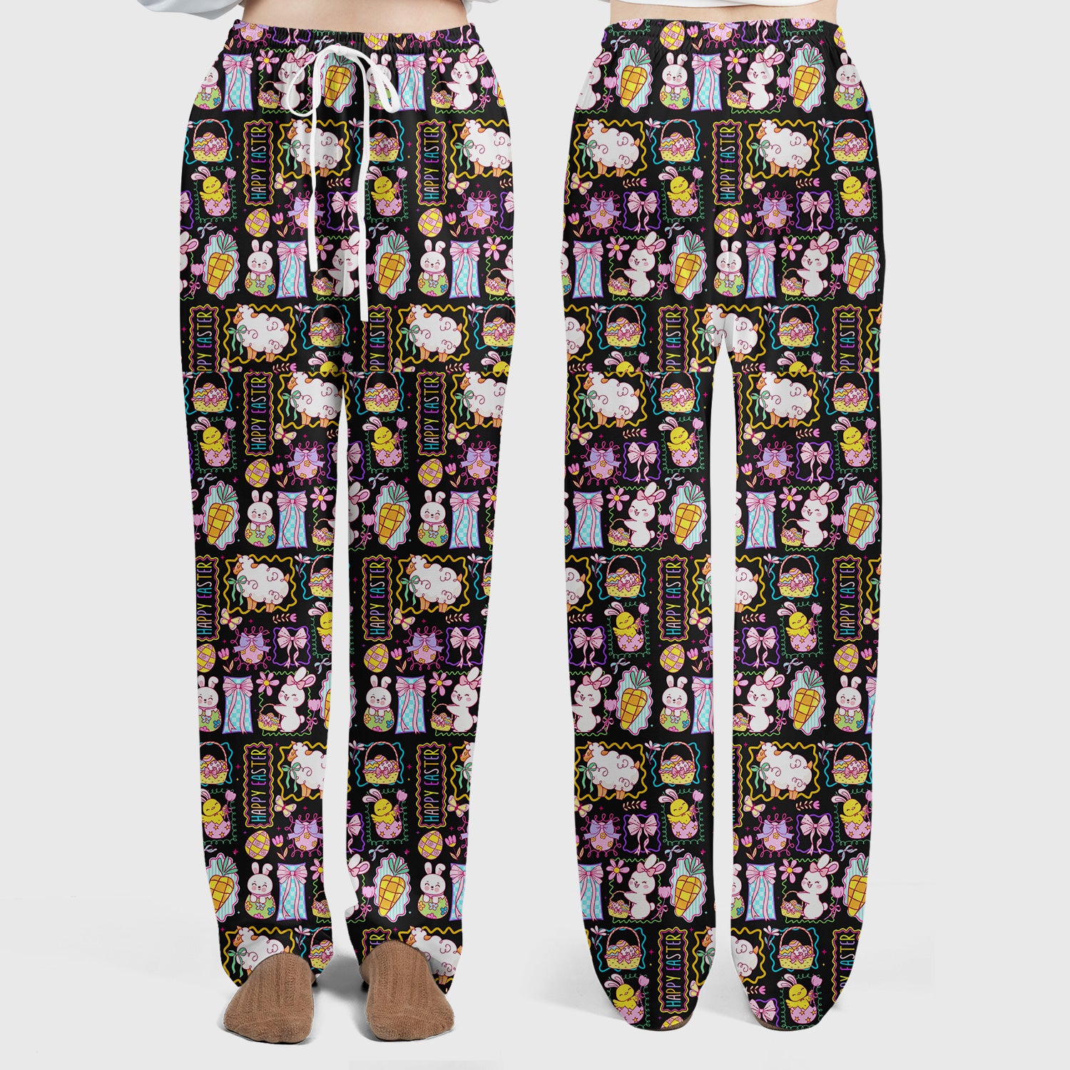 Cute Easter Bunny Egg and Bow Print Scrub Set, Scrub Pants and V Neck Top