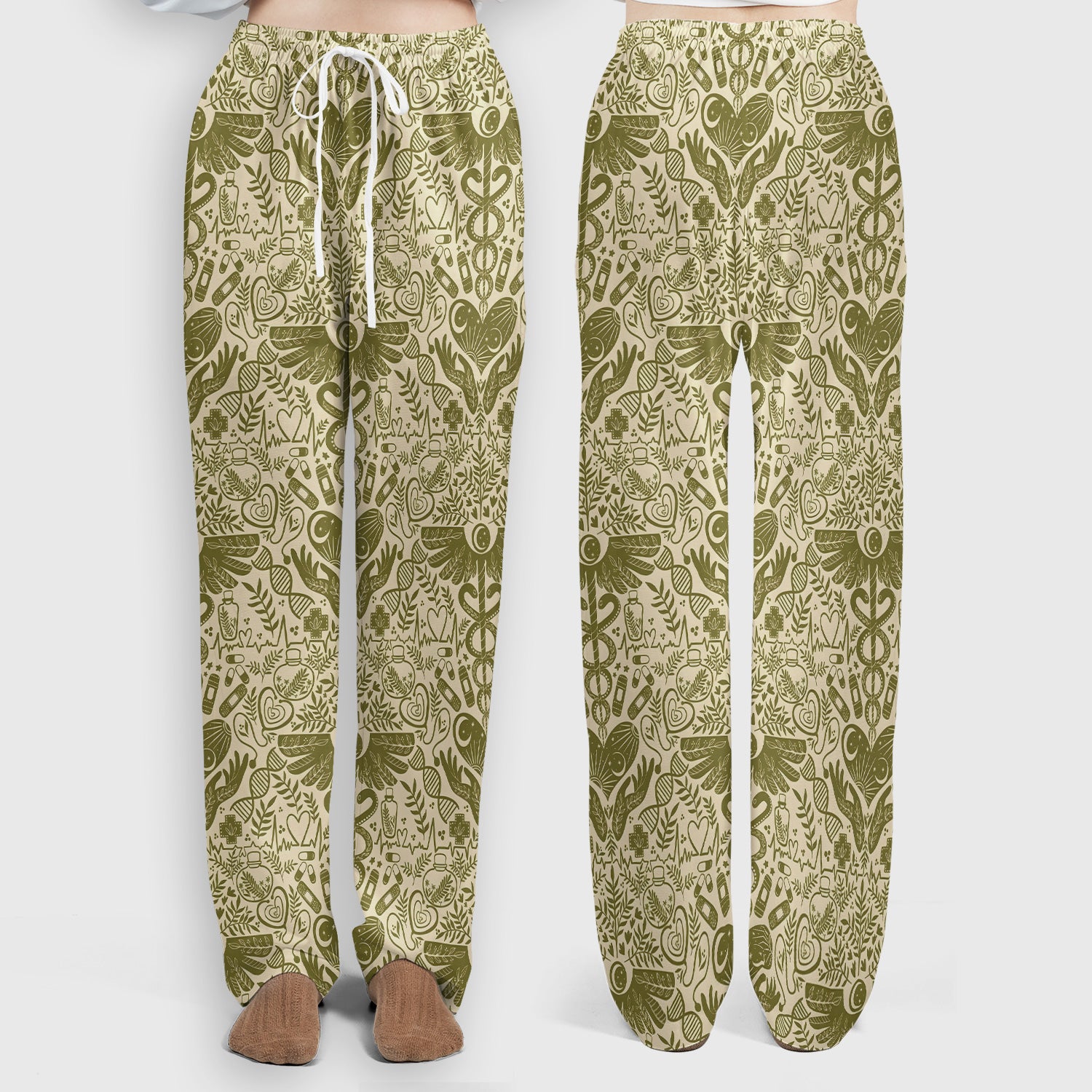 Inspirational Botanical Medical Caduceus Heart Nurse Pattern Scrub Set, Breathable Med Uniform