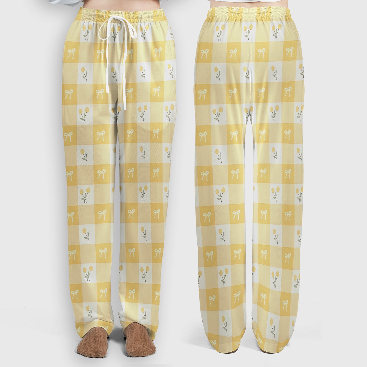 Yellow Gingham Bow Floral Pattern Scrub Set, Scrub Pants and V Neck Top