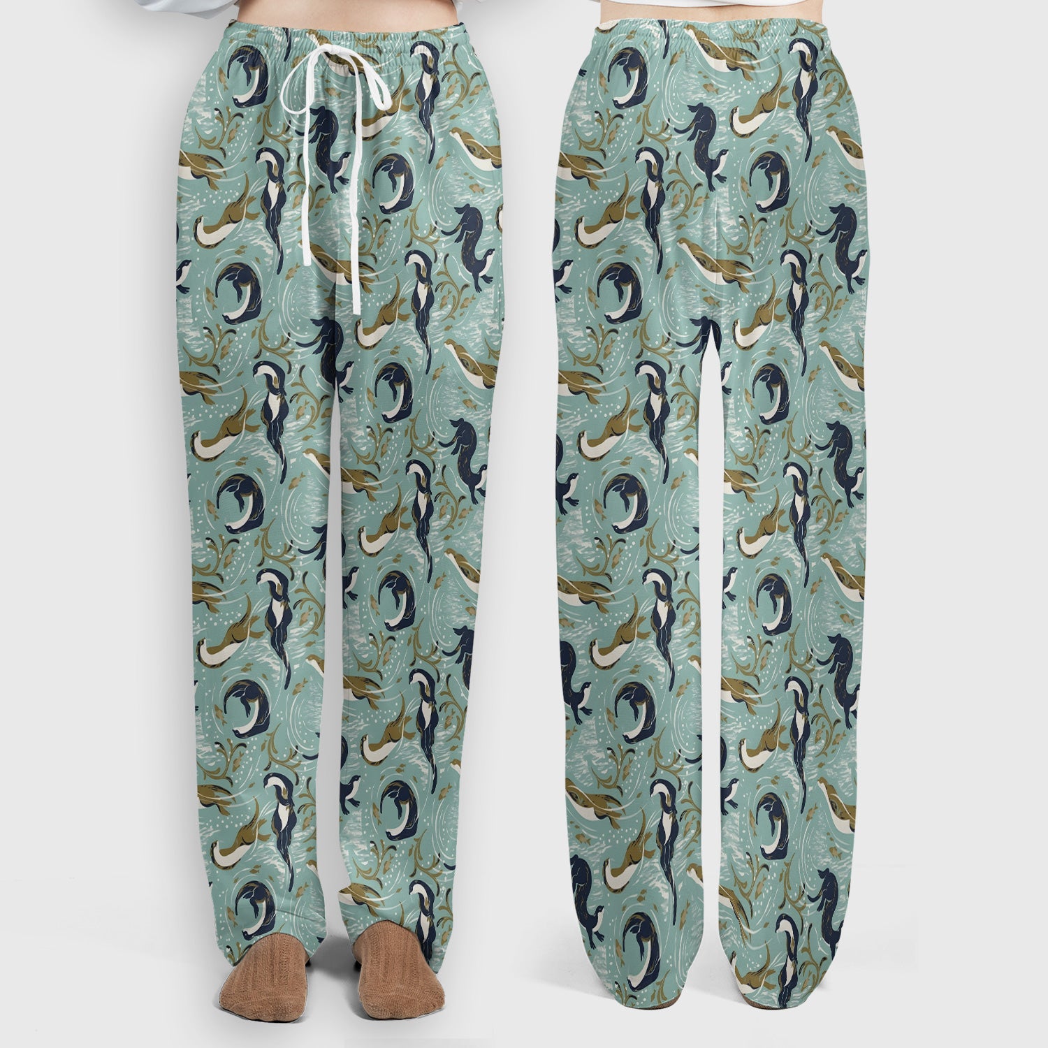 Sea Otter Ocean Wave Coastal Pattern Scrub Set, Scrub Pants and V Neck Top