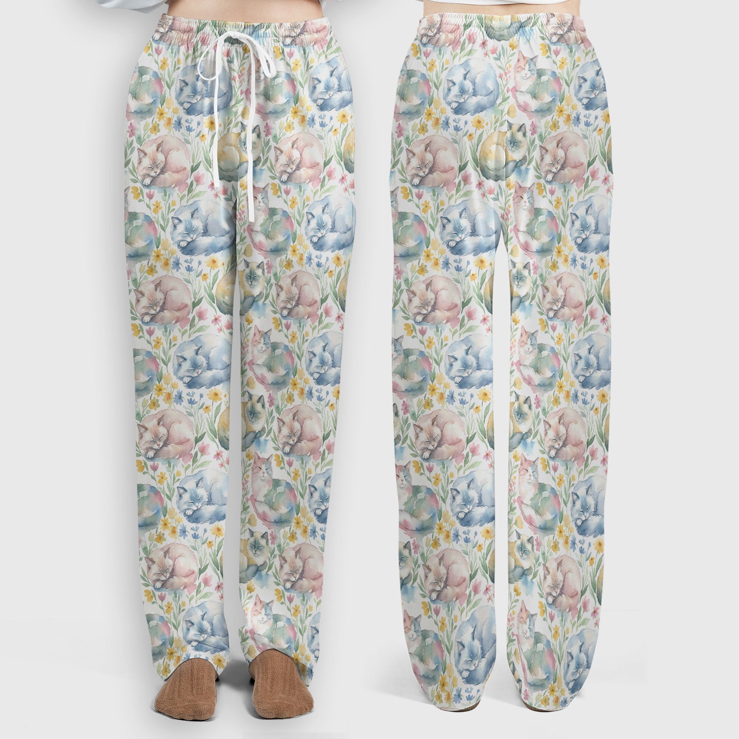 Dreamy Sleeping Cat Floral Pattern Scrub Set, Scrub Pants and V Neck Top