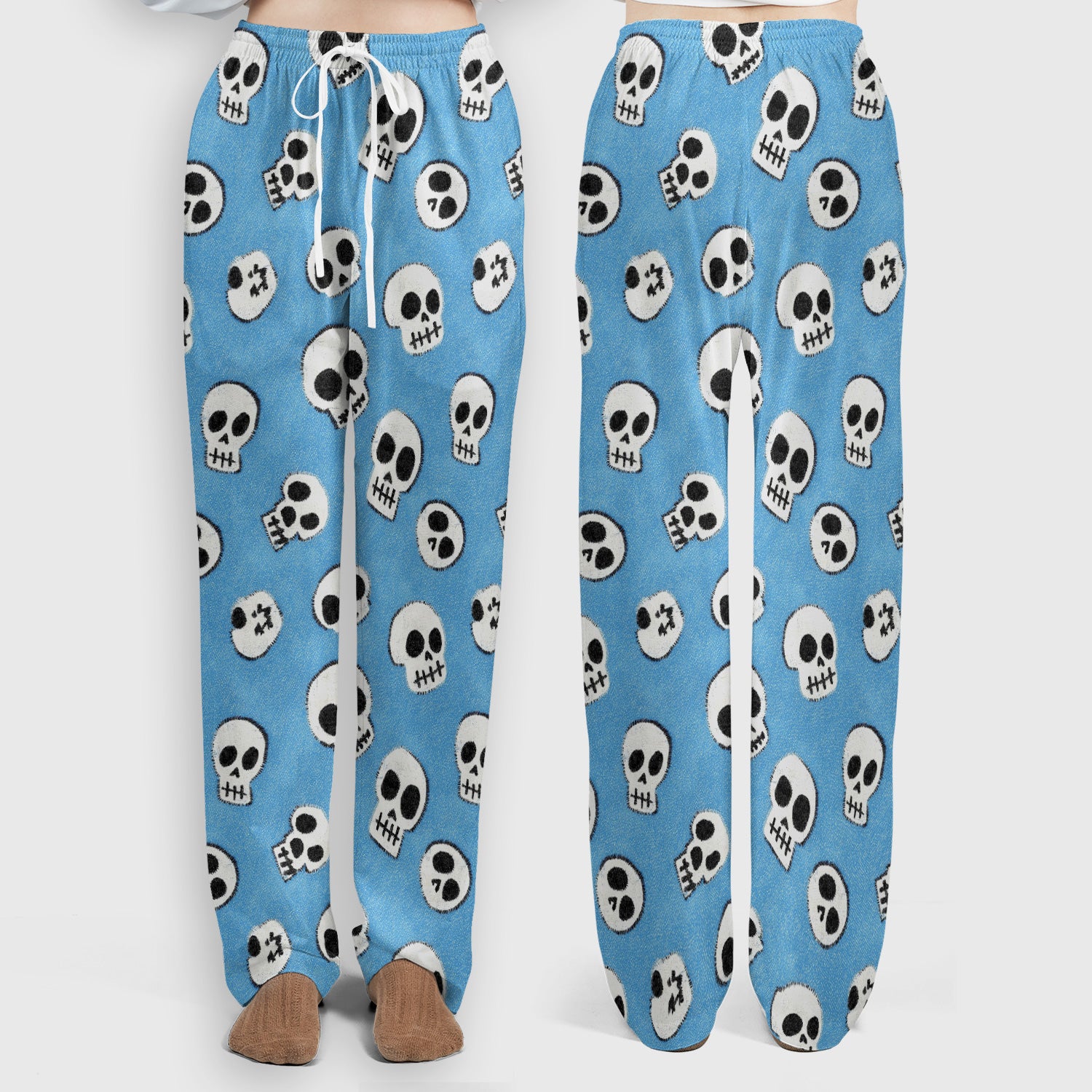 Blue Skull Halloween Pattern Scrub Set, Scrub Pants and V Neck Top