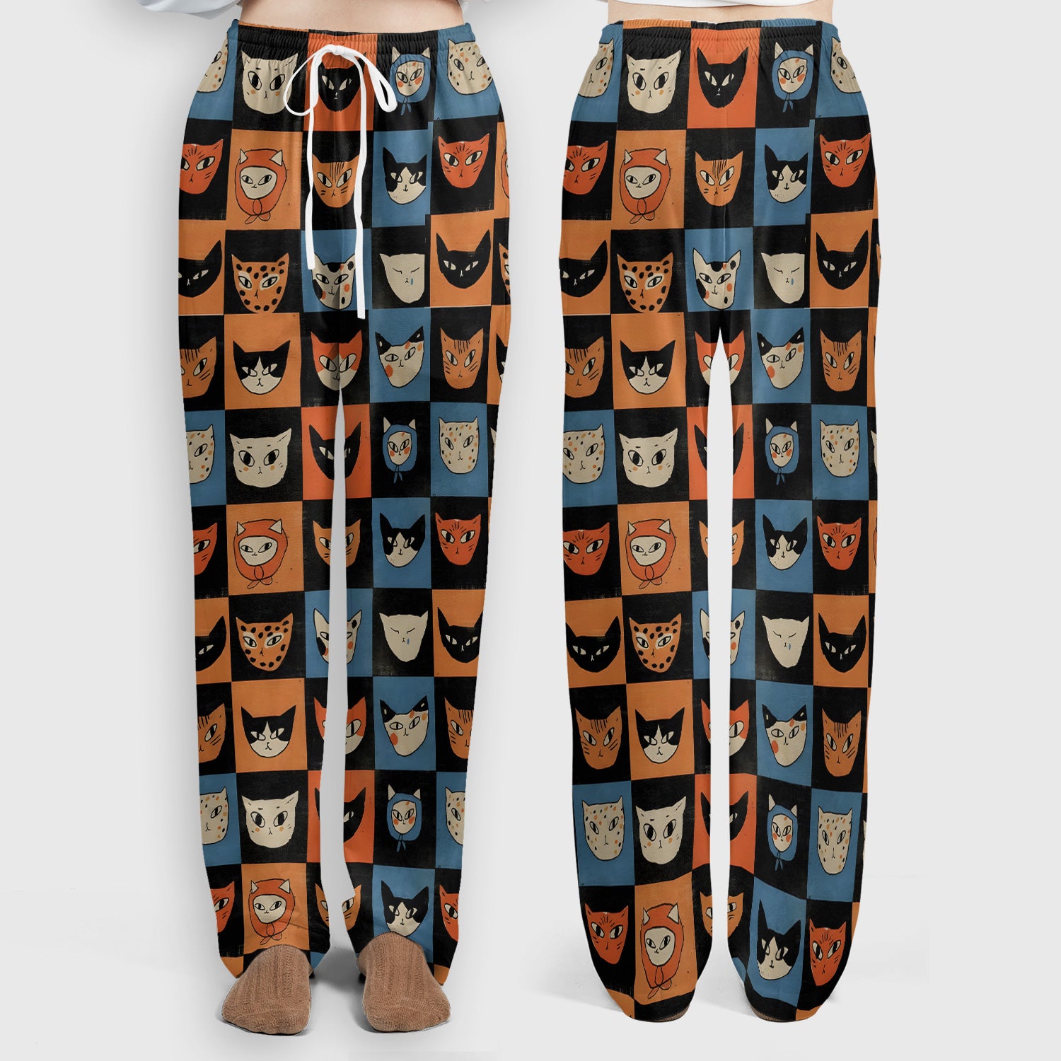 Cute Retro Cat Faces Checkerboard Print Scrub Set, Scrub Pants and V Neck Top