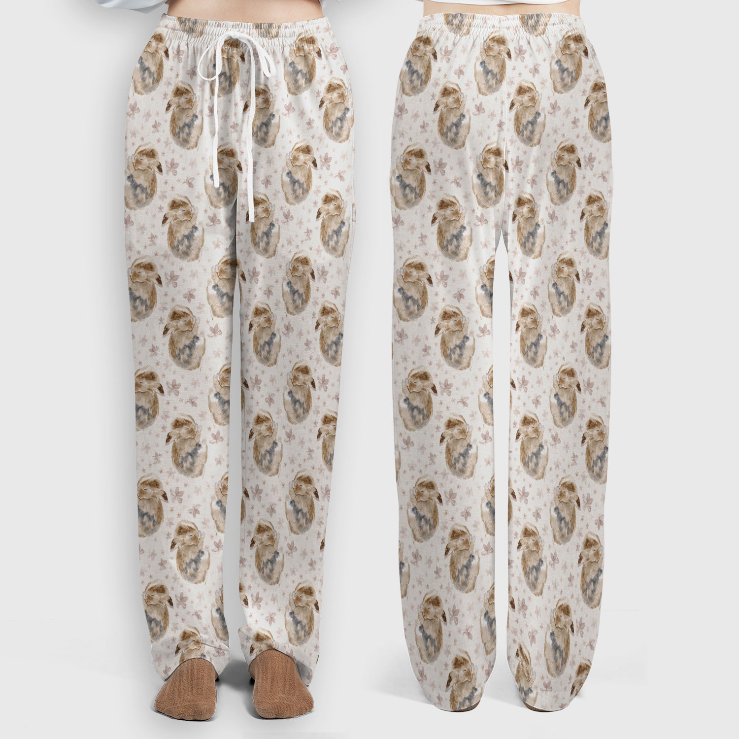 Cute Sleeping Bunny Floral Meadow Pattern Nurse Scrub Set, Scrub Pants and V Neck Top