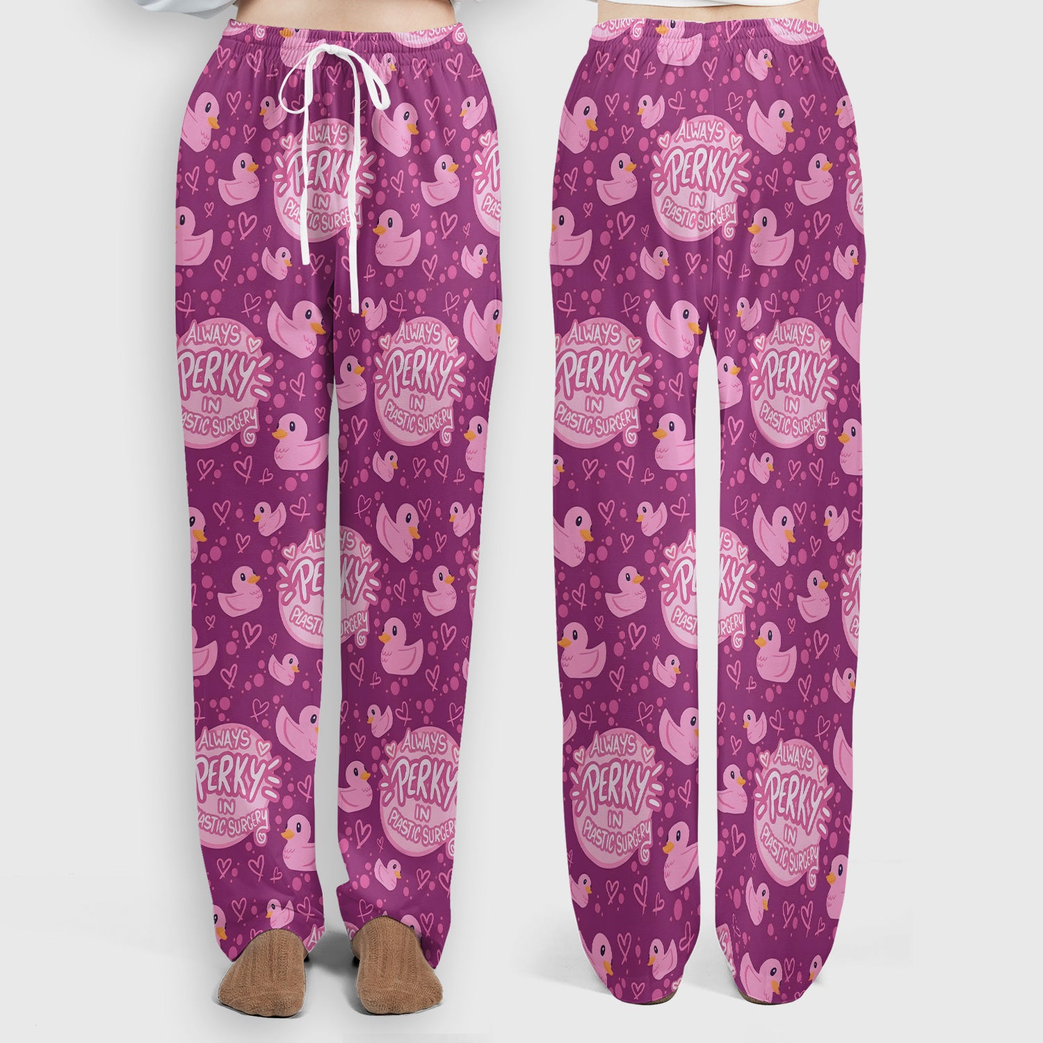 Always Perky Plastic Surgery Duck Pattern Scrub Set, Scrub Pants and V Neck Top