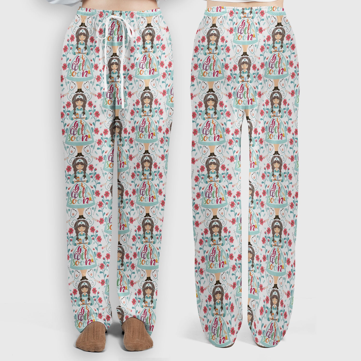 Get Well Soon Girl Floral Caring Pattern Scrub Set, Scrub Pants and V Neck Top