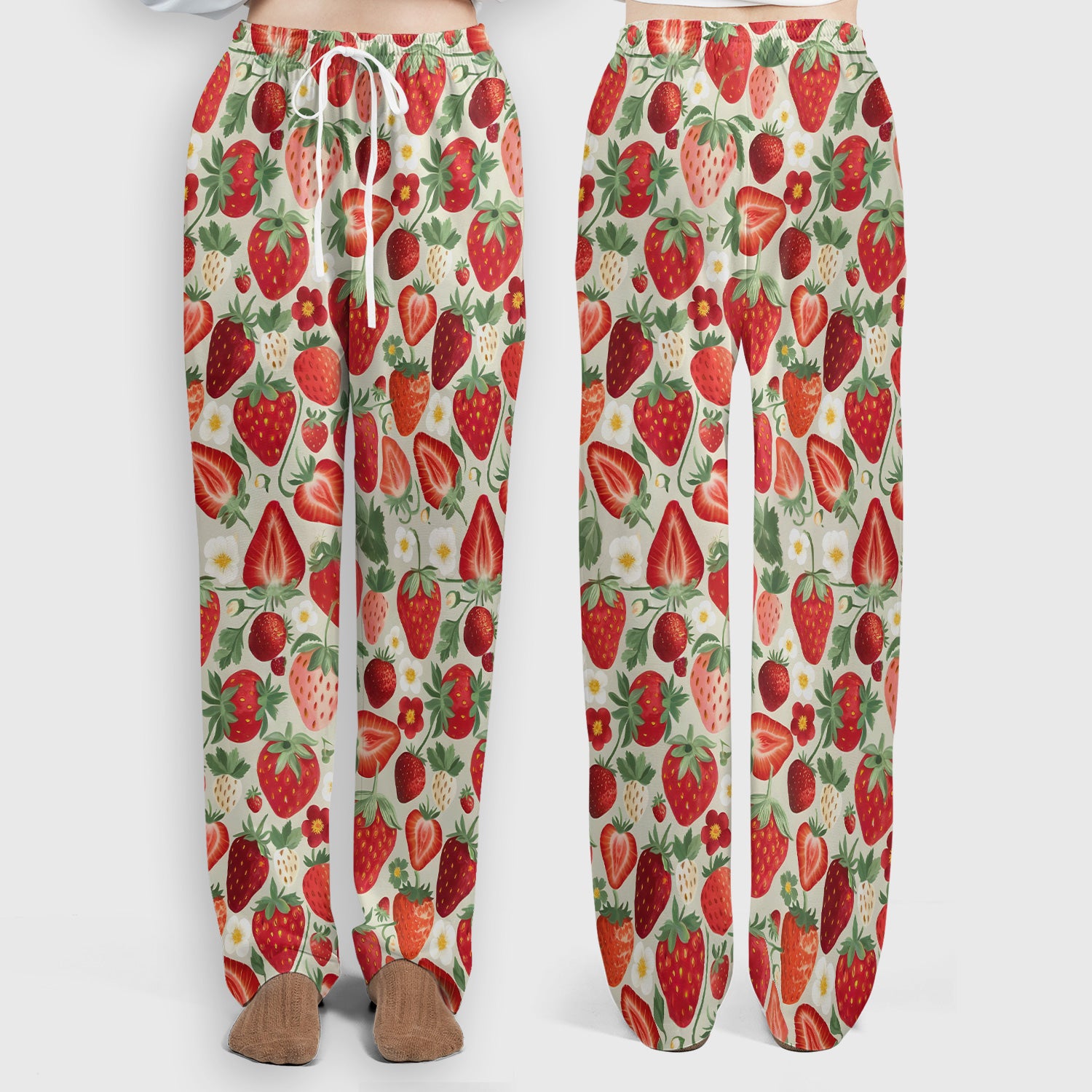 Fresh Strawberry Patter Leaves Scrub Sets, Scrub Pants and V Neck Top