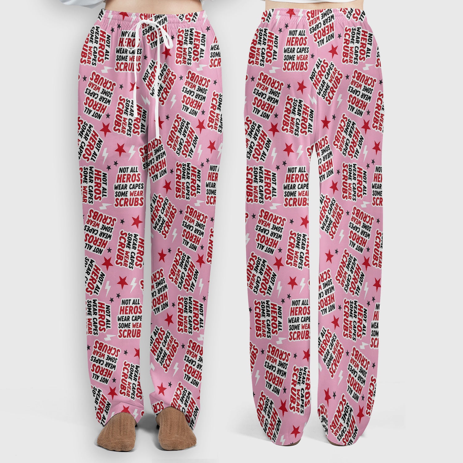 Not All Heroes Wear Scrubs Quote Stars Lightning Pattern Scrub Set, Scrub Pants and V Neck Top