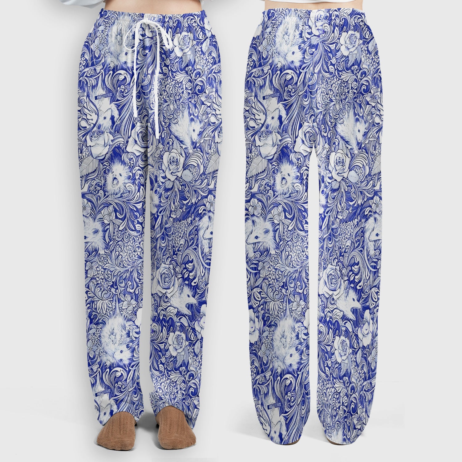 Blue Toile Porcupine Floral Pattern Scrub Set, Scrub Pants and V Neck Top