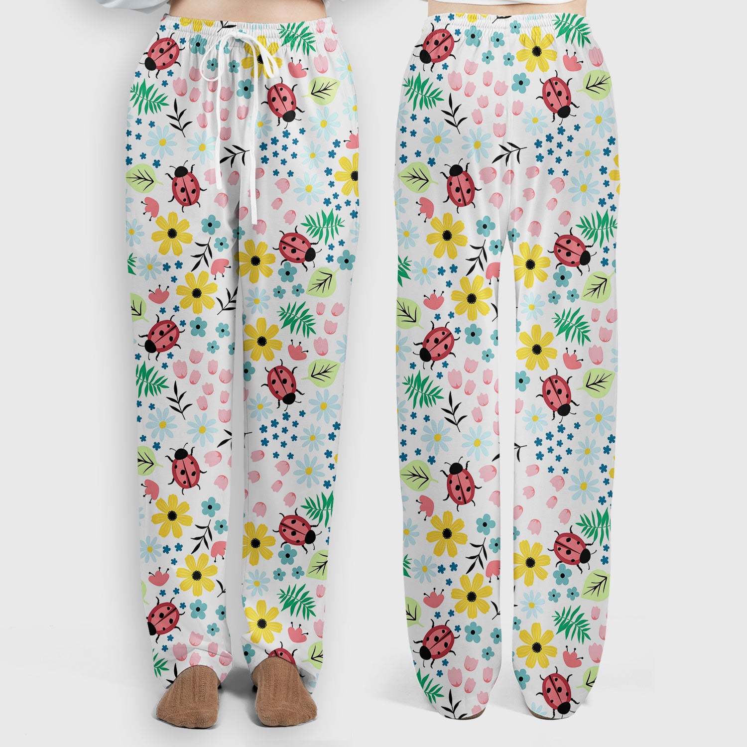 Cute Ladybug Floral Garden Print Scrub Set, Scrub Pants and V Neck Top