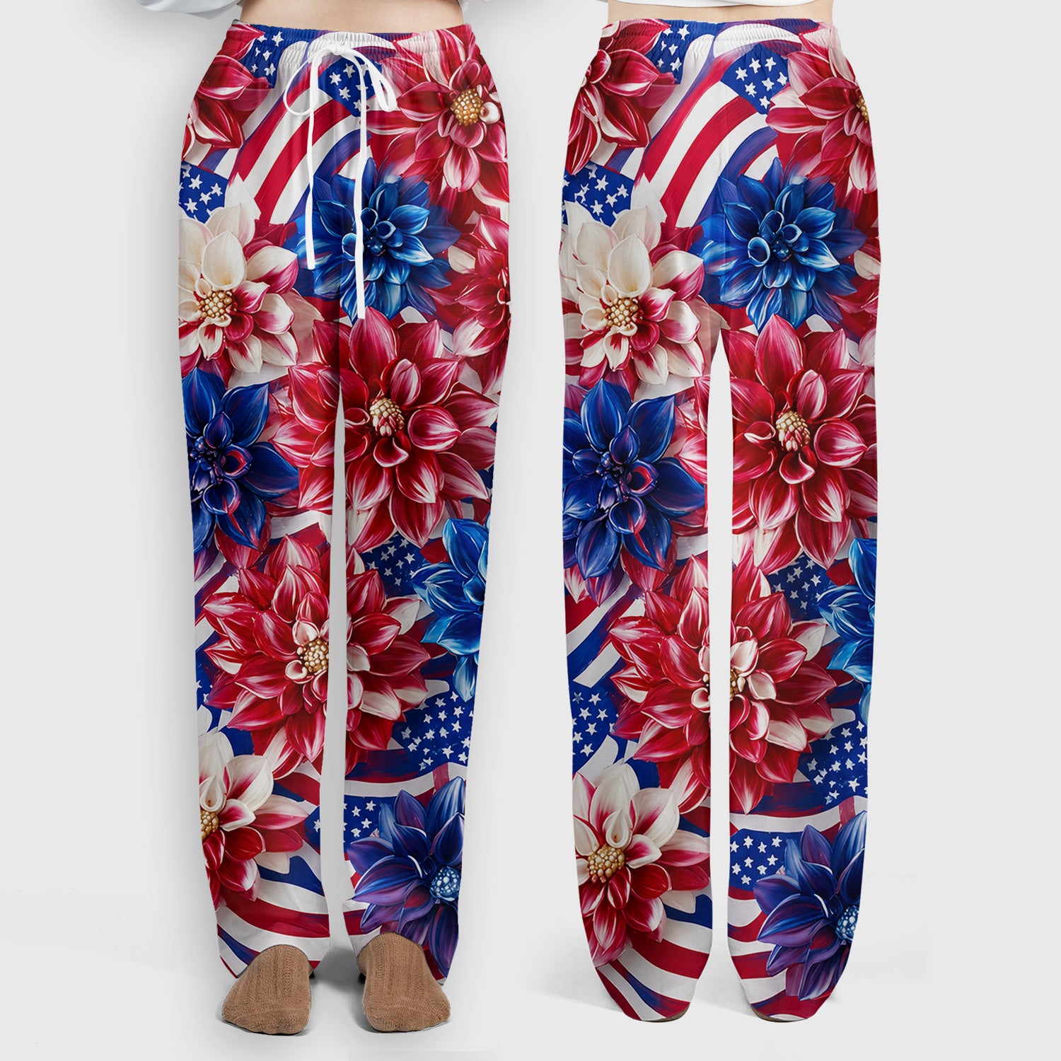 Festive Patriotic Floral Flag Pattern Scrub Set, Scrub Pants and V Neck Top