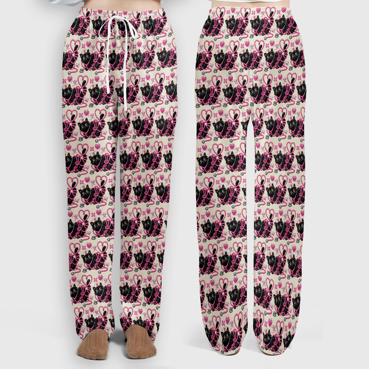 Valentine Cute Cat Nurse Heart Print Women's Scrub Set, Breathable Med Uniform