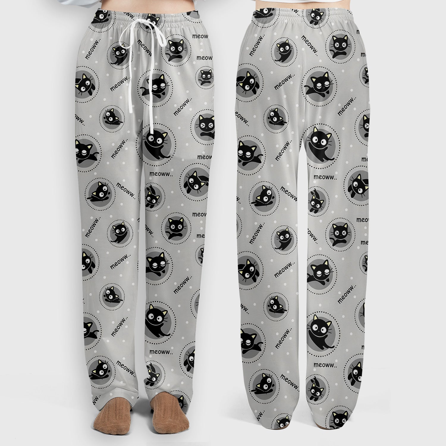 Funny Black Cat Meow Pattern Scrub Set, Scrub Pants and V Neck Top