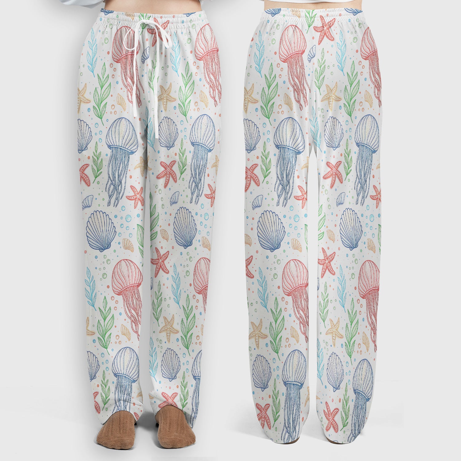 Ocean Jellyfish Starfish Seashell Pattern Scrub Sets, Scrub Pants and V Neck Top